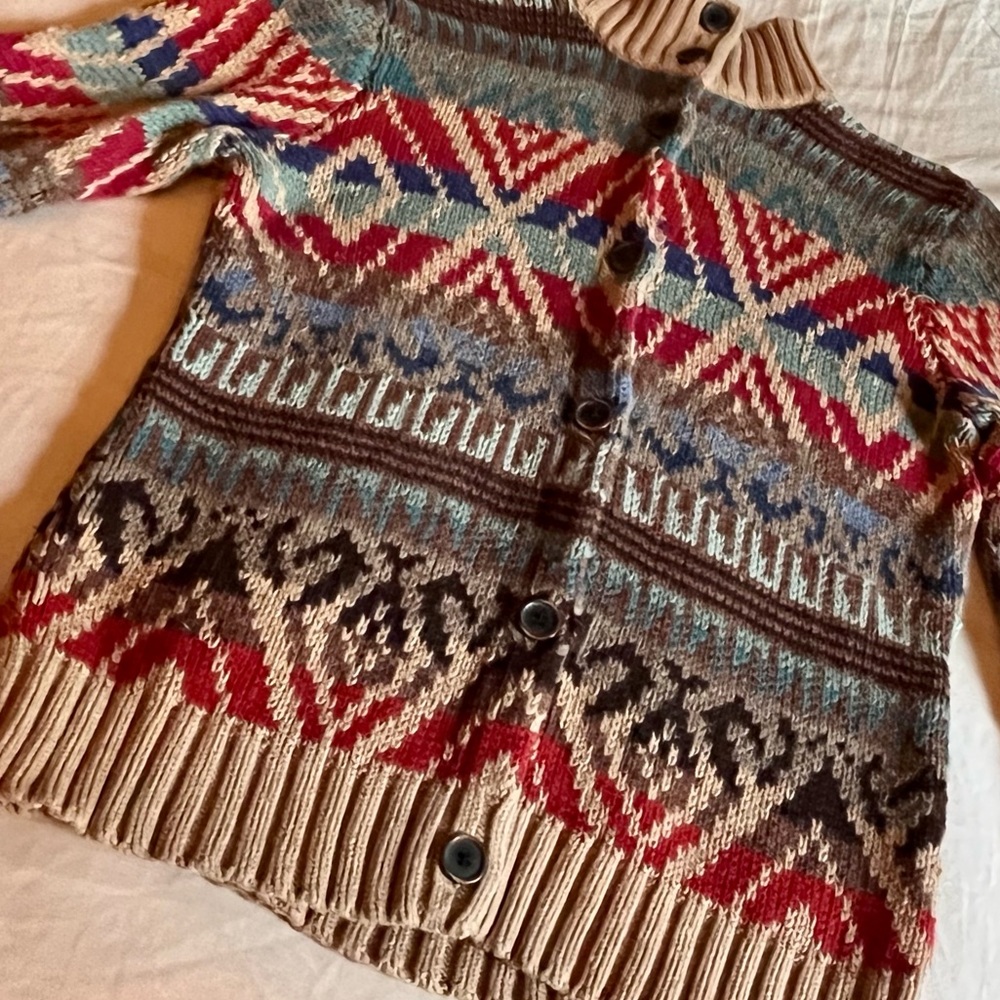Ralph Lauren Jeans hand knit Aztec tribal Native cotton linen button cardigan S